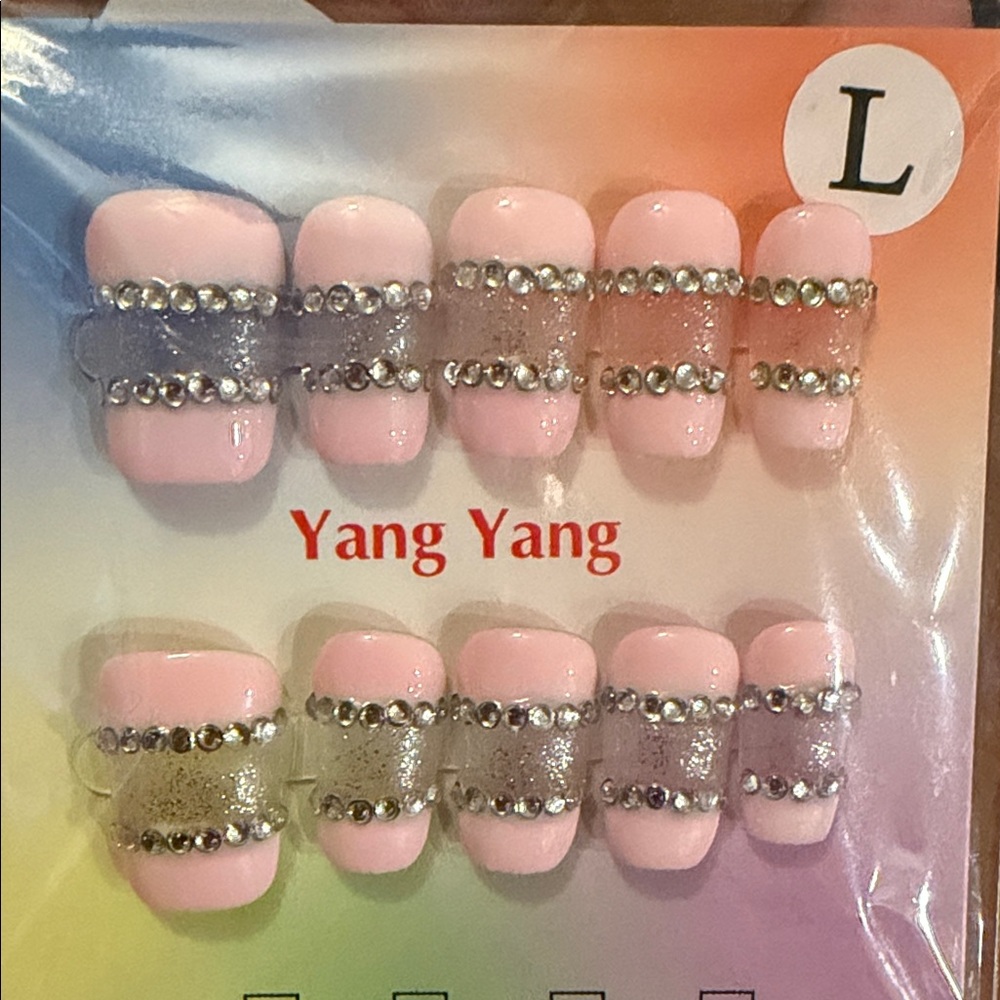 Pink and Silver handmade press on Nail Set